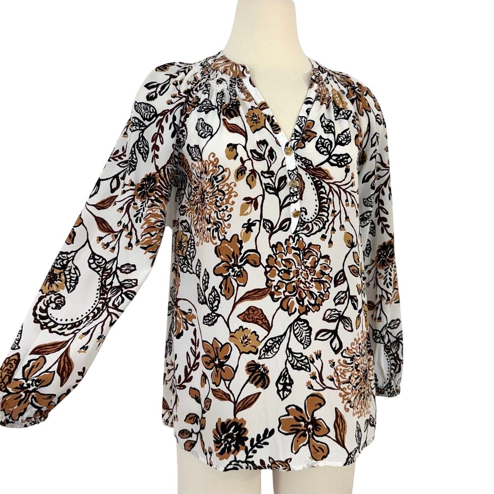 Lilly Pulitzer Silk Elsa Top Blouse in Coconut Take Meowt White/Brown XS